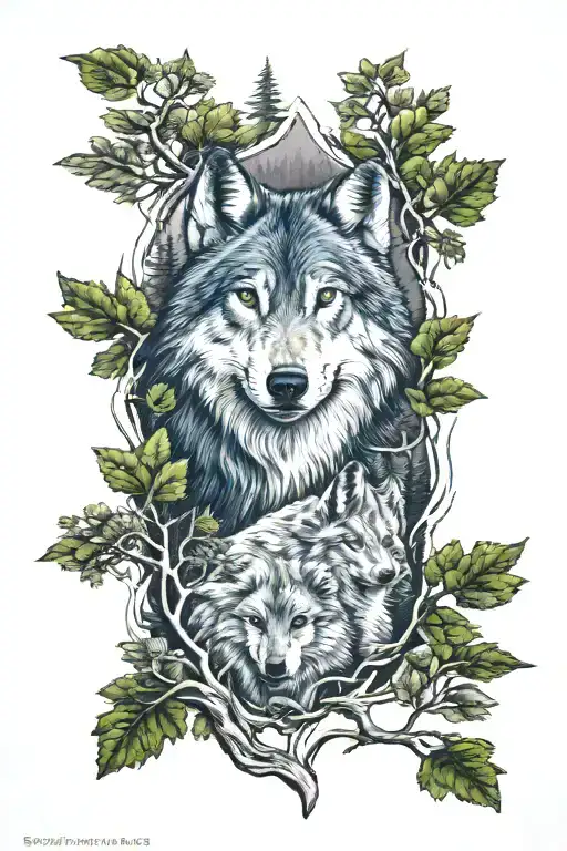wolf in howling forest scene tattoo design idea