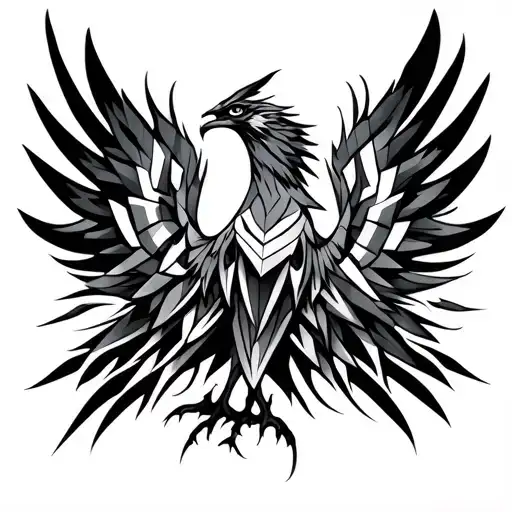 "Geometric and Tribal style Phoenix tattoo on a man's hand. Bold lines and angular patterns forming the silhouette of th tattoo design idea