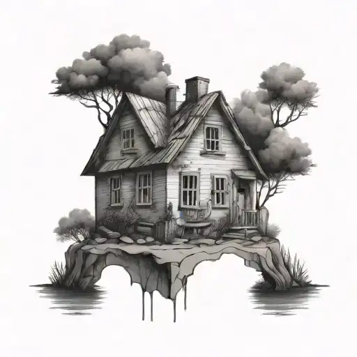 small abandoned house with a 6 and a 4 incorporated  tattoo design idea