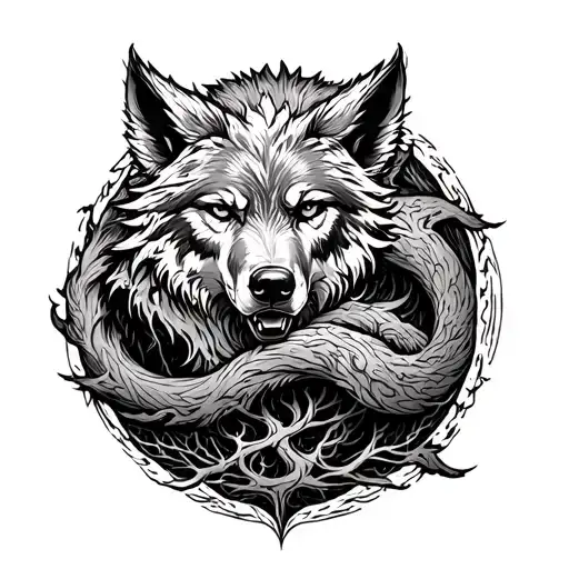 Incorporate Fenrir, the giant wolf from Norse mythology, wrapping around Yggdrasil, the World Tree, in a bold and intricate black-grey tattoo design tattoo design idea
