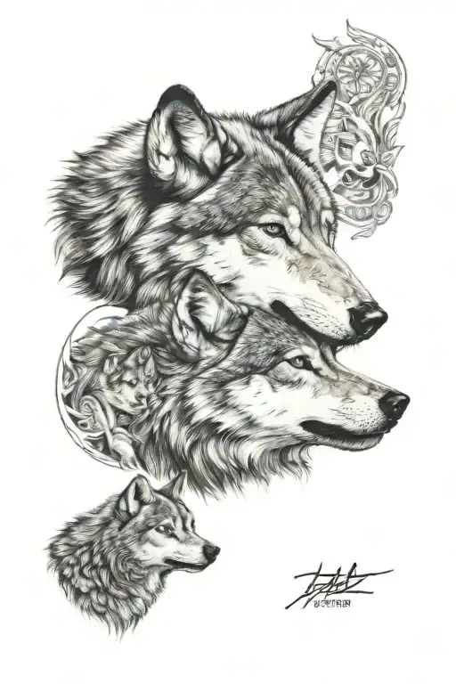 protective father wolf with cub tattoo design idea