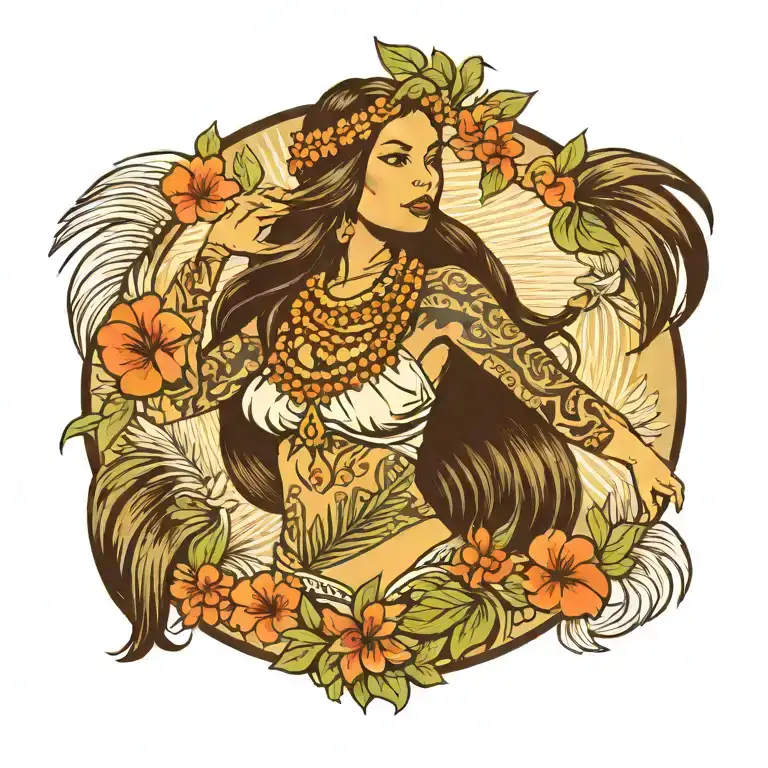 hula girl standing with tattoos with long hair with head dress  tattoo design idea