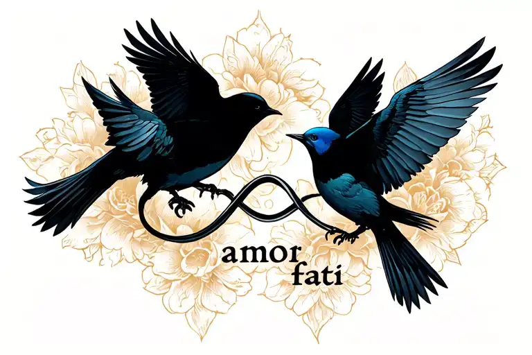 "amor fati" three birds infinity symbol incorporated tattoo design idea
