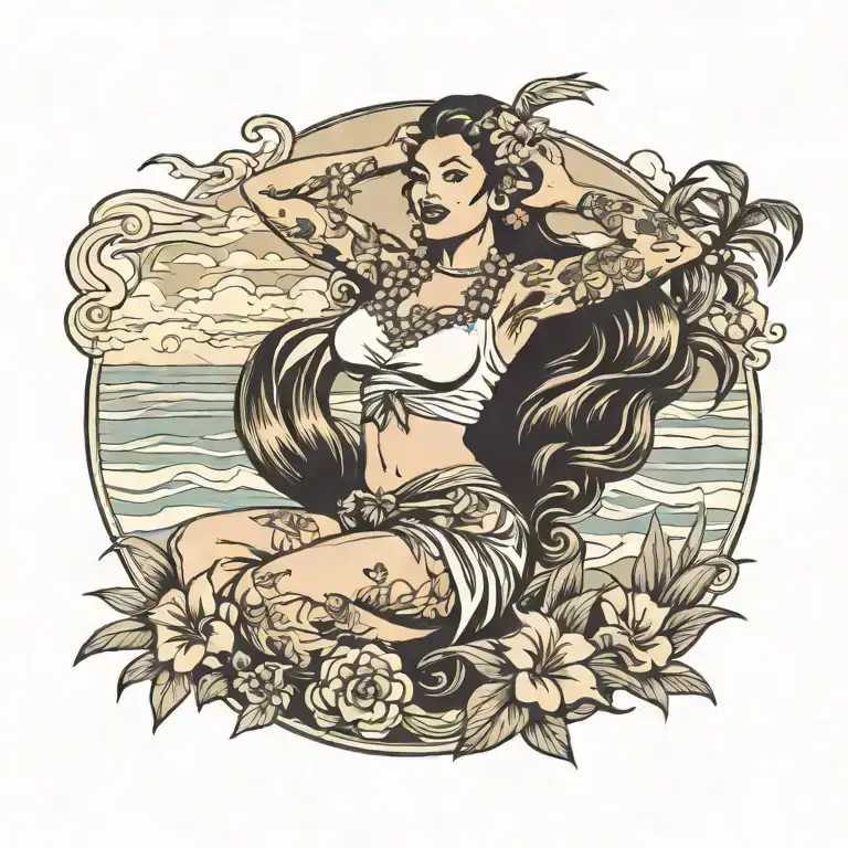 hula girl pin up with tattoos on a beach tattoo design idea