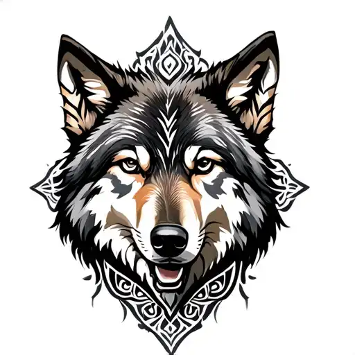 wolf with some tribal and mandala design tattoo design idea