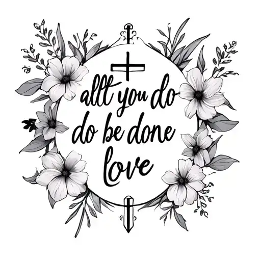 a quote saying "let all you do be done in love" with flowers around and add a cross tattoo design idea