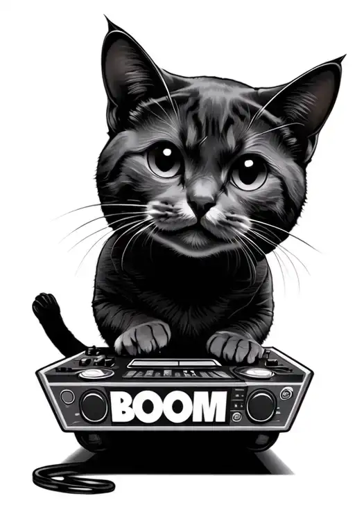 Dj Cat with the word 'BOOM' written  tattoo design idea