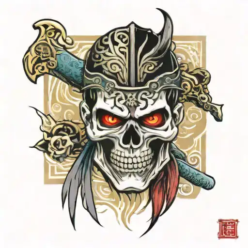 Muay Thai skull warrior with a Japanese mask and cross motif tattoo design idea