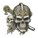 Muay Thai skull warrior with a Japanese mask and cross motif tattoo design idea
