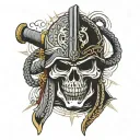 Muay Thai skull warrior with a Japanese mask and cross motif tattoo design idea