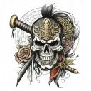 Muay Thai skull warrior with a Japanese mask and cross motif tattoo design idea