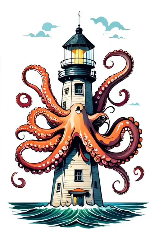 Lighthouse wrapped in octopus tattoo design idea