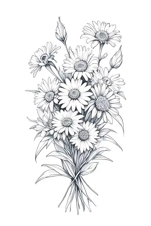 boquet with aster and iris and daisy flower intertwined tattoo design idea