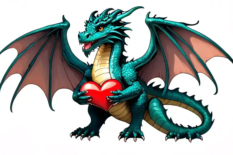 A dragon with wings holds a heart in its paws, not aggressively, in moderation tattoo design idea