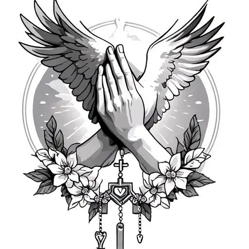 Dove, Heaven, Praying Hands, Rosary, In loving memory tattoo design idea