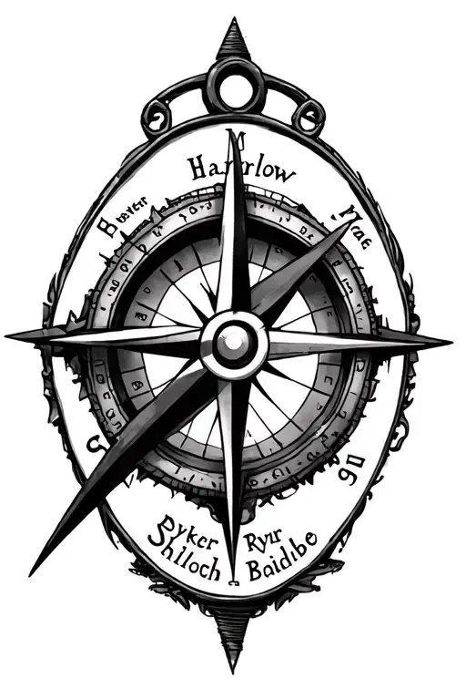 compass design tattoo that has my childrens name in it Harlow, Ryker, Shiloh, Babe tattoo design idea