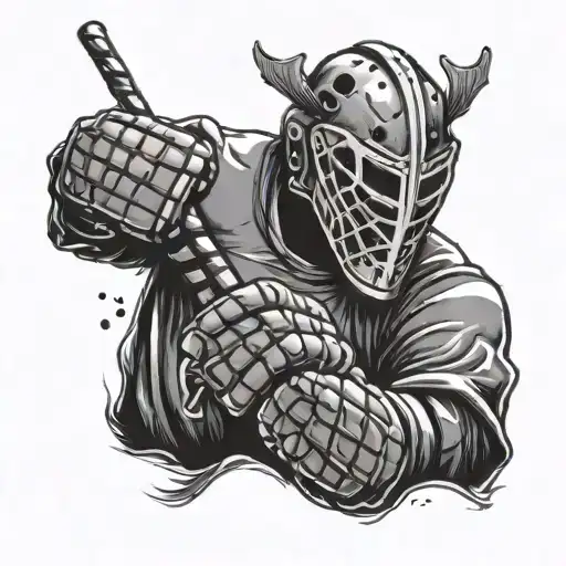 A hockey goalie with a mask inspired by classic horror movie villains tattoo design idea