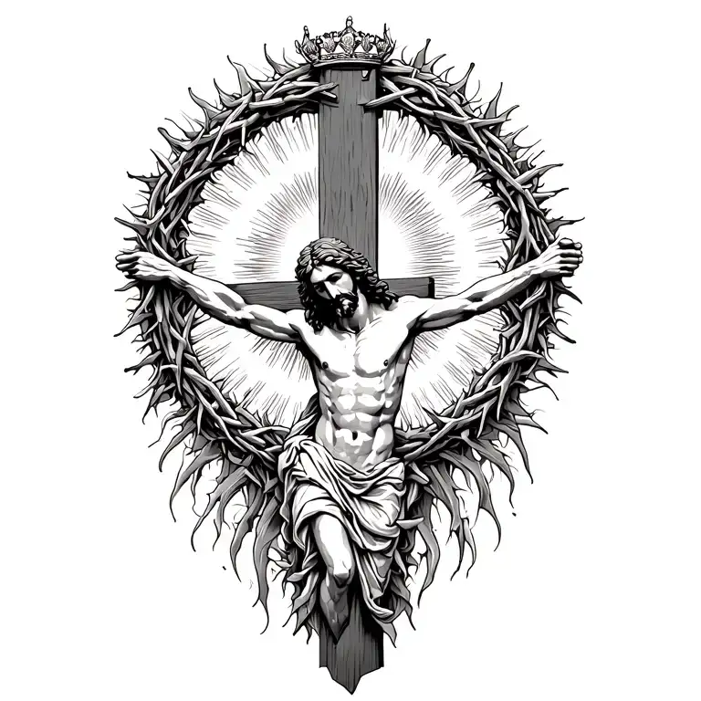 Coverup, Jesus on the cross, crown of thorns, in the middle of sun tattoo design idea