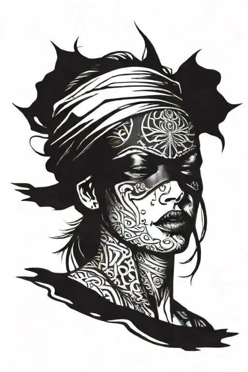 widow woman blindfolded front face tattoo design idea