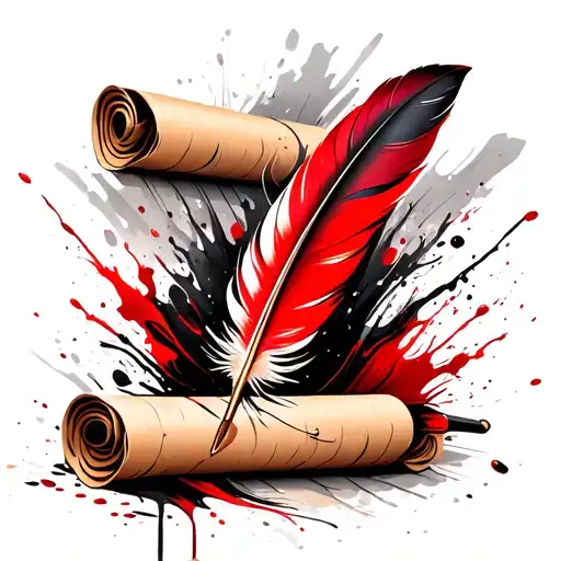 feather quill pen writing on a paper scroll tattoo design idea