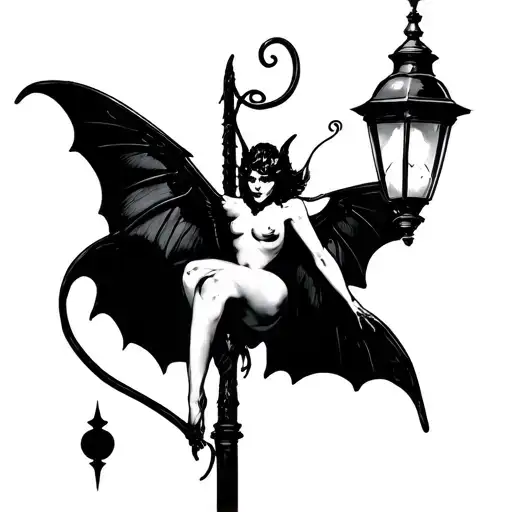 mothman pin up style with old fashioned street lamp tattoo design idea