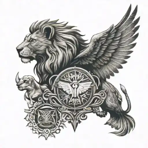 Wings of Horus on the top, a lion face below hours wings tattoo design idea