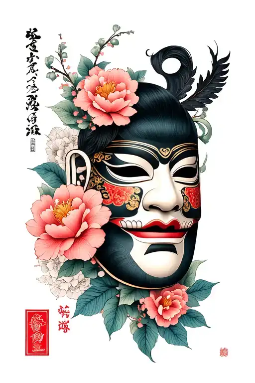 Japanese leg sleeve ankle to knee dark on calf for a coverup very detailed henya mask and flowers and detailed artwork tattoo design idea