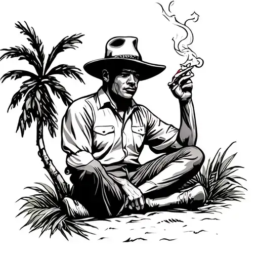 A man in the shirts and Panama sits under the palm side and smokes a cigarette tattoo design idea