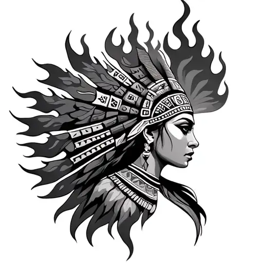 Aztec female goddess with flames surrounding side profile tattoo design idea