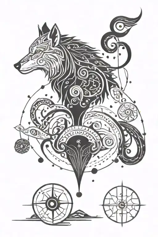 libra wolf Pisces, swimming Capricorn constellation tattoo design idea