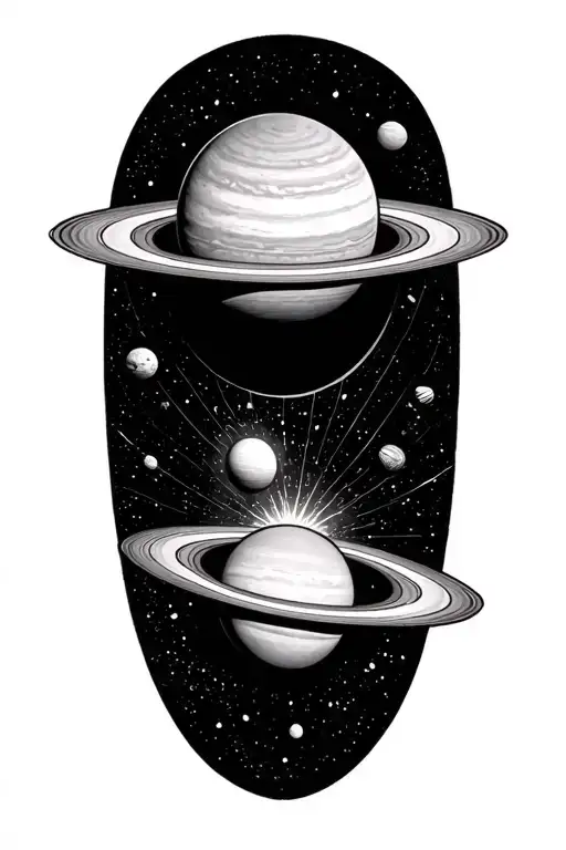 warlock solar system with saturn getting sucked by a black hole tattoo design idea