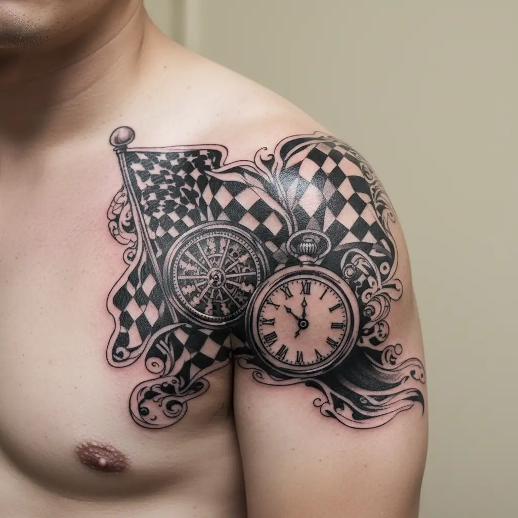 racing flags, ford mustang, spiral, stopwatch tattoo design idea