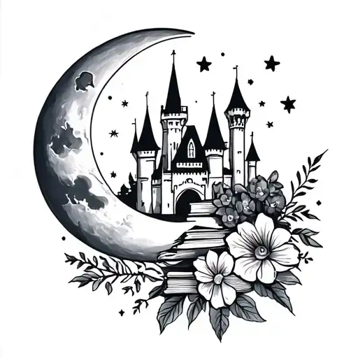moon stars, disney castle, simba, flowers, books tattoo design idea