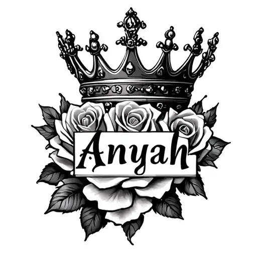 Queen Crown, Roses and the name "Anyah" tattoo design idea