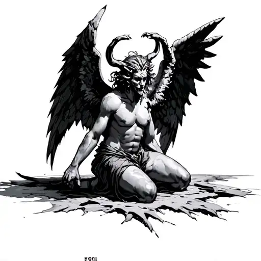 kneeling angel who turns into a demon tattoo design idea