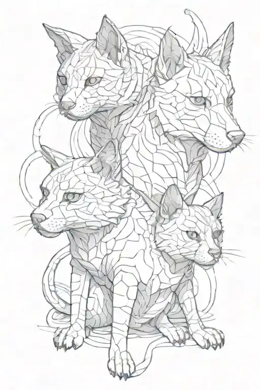 3 headed kerberos dog protecting a cat sitting tattoo design idea