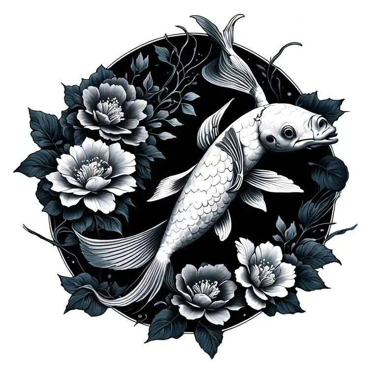 koi fish with flowers tattoo design idea