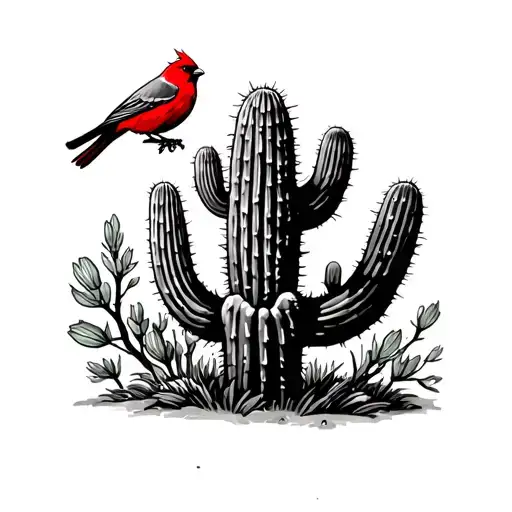 saguaro cactus with red bird perched tattoo design idea