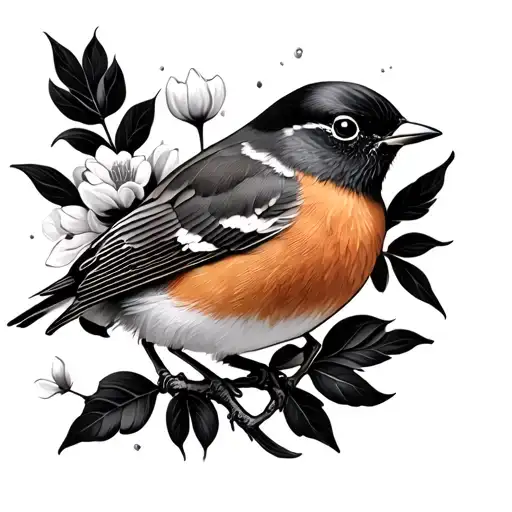 robin and flowers tattoo design idea