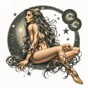 Nude women with long hair sitting with the Capricorn star constellation  tattoo design idea