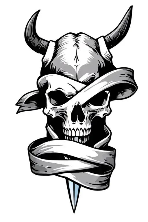 sword through steer head skull with banner wrapping tattoo design idea