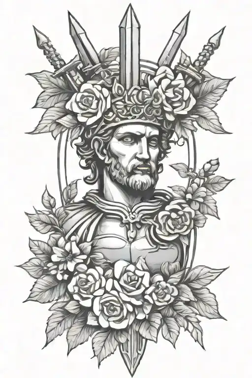 roman head cut open sword flowers wreath made tattoo design idea