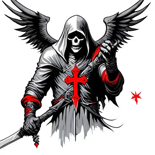 grim reaper tribal style wearing crusader clothing with red crusader cross sleeve tattoo  tattoo design idea