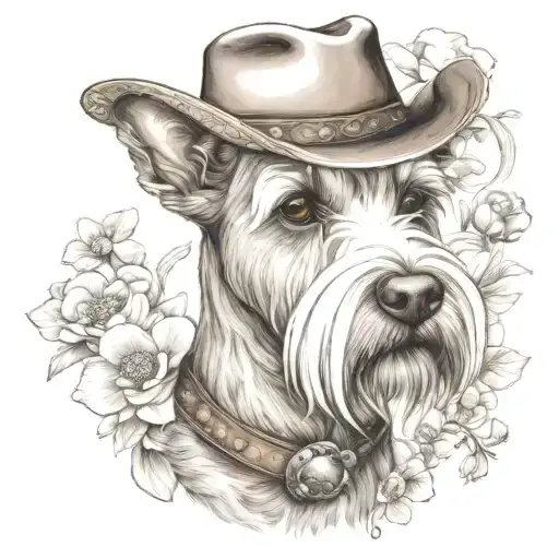wheaten female schnauzer with cowgirl hat and brown eyes and a collar with flowers  with western background tattoo design idea