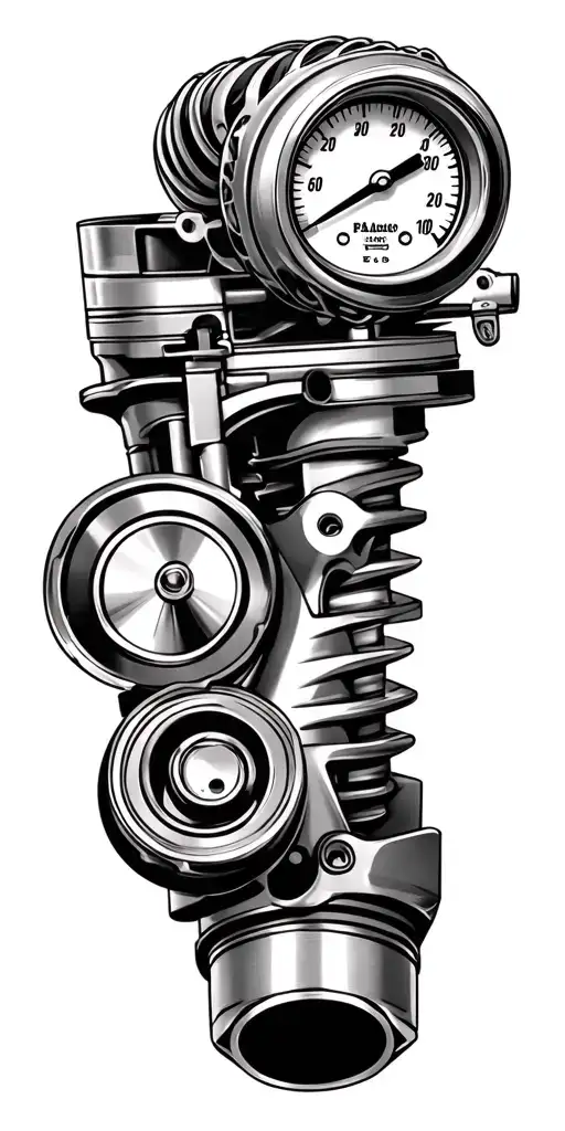 automotive parts tattoo featuring turbo, camshaft, pistons, crankshaft, boost gauge, tattoo design idea