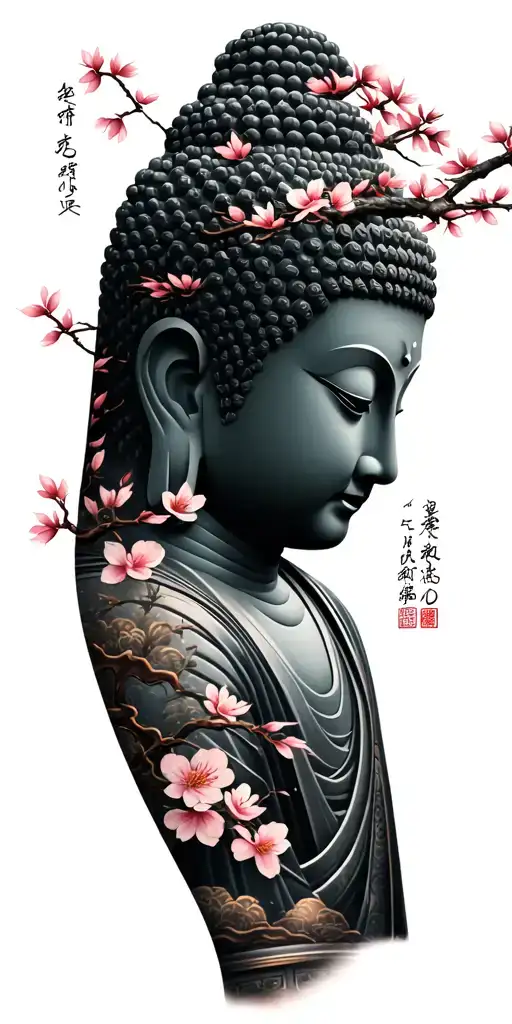 Detailed Buddha (Shoulder) Japanese Temple on (arm), Cherry blossoms Bambboo trees Samurai (Inner Arm) Japanese wording  tattoo design idea