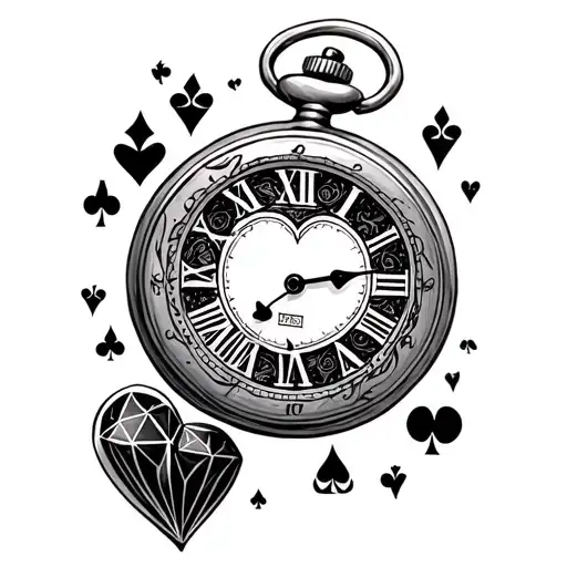 Pocket watch with heart, spade, diamond nd club tattoo design idea