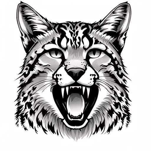 black and white tattoo in old school style of an Iberian Lynx with a fierce look and open mouth, the animal's face. tattoo design idea