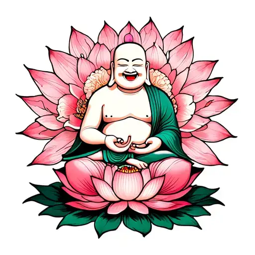 Bald laughing buddha sitting on a lotus flower blooming tattoo design idea