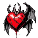 a bleeding red heart with stitches in the center and cute tiny devil horns, bat wings and a tail with a spade-shaped tip tattoo design idea